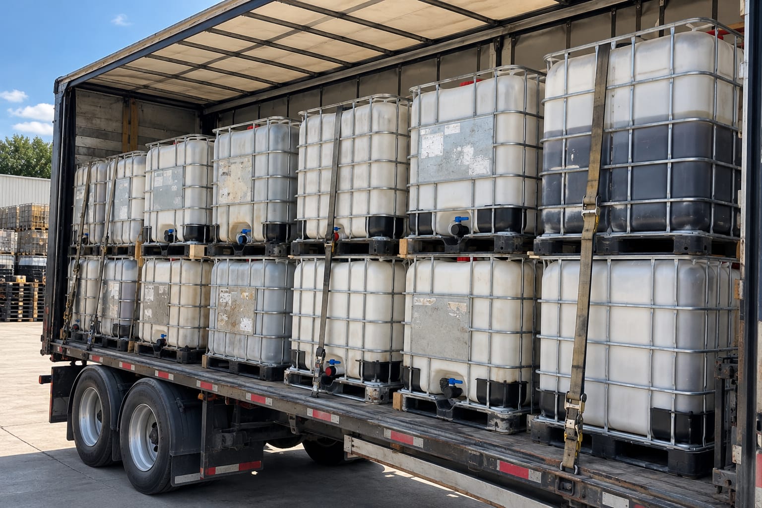 A curtain-side trailer loaded two tiers high with strapped IBC totes, ratchet straps over the cage top rails
