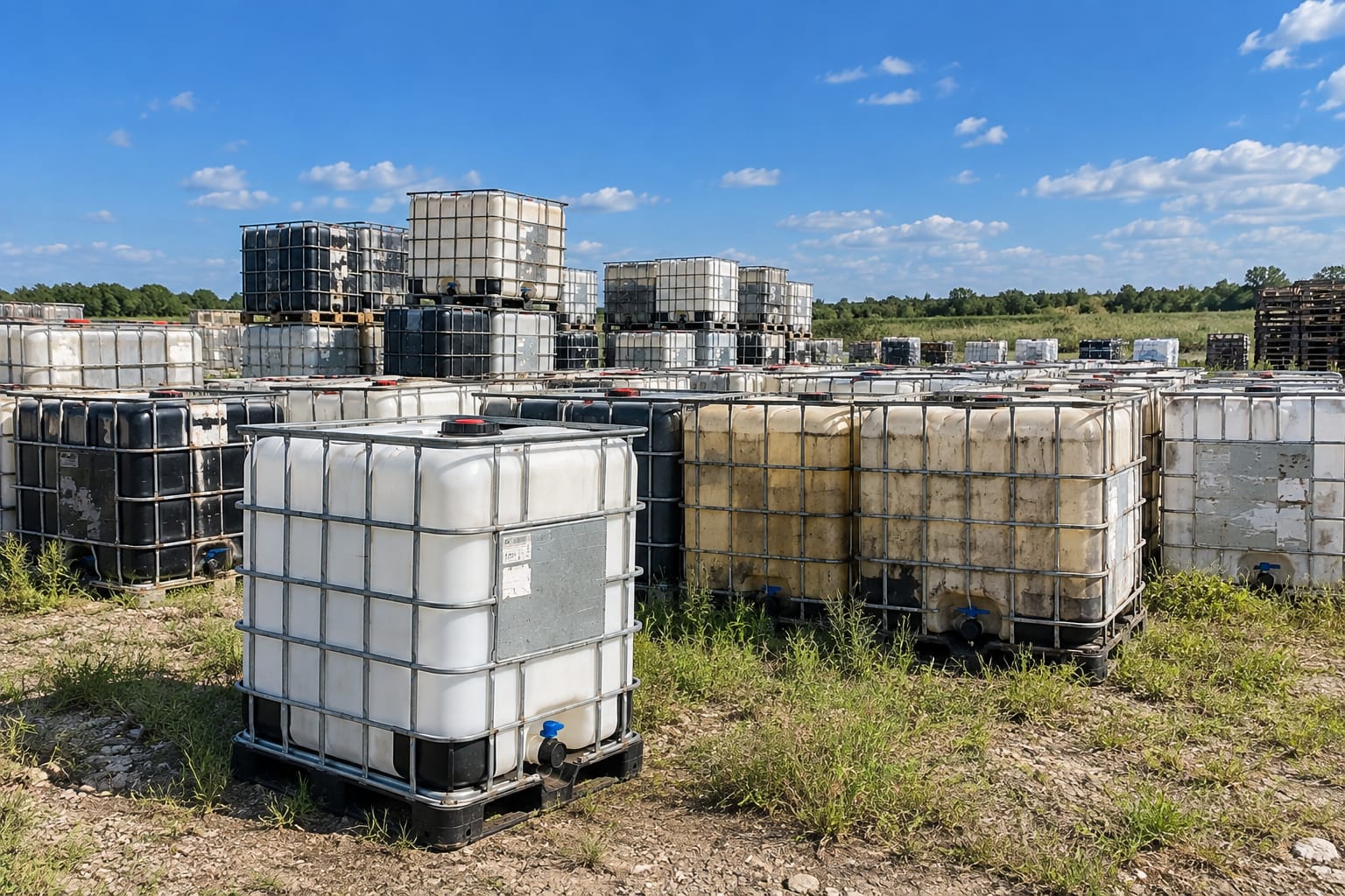 Rows of used IBC totes standing in a grass field under a bright blue sky with scattered cloud